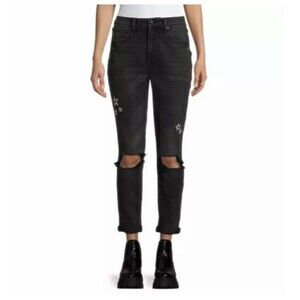 No Boundaries Womens Super High Rise Destructed Mom Jeans Black Size 7 NWT